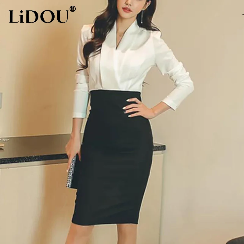 Summer New Office Lady Elegant Fashion Patchwork Bodycon Dress Female Temperament Long Sleeve Waist Robe Women\'s V-neck Vestidos