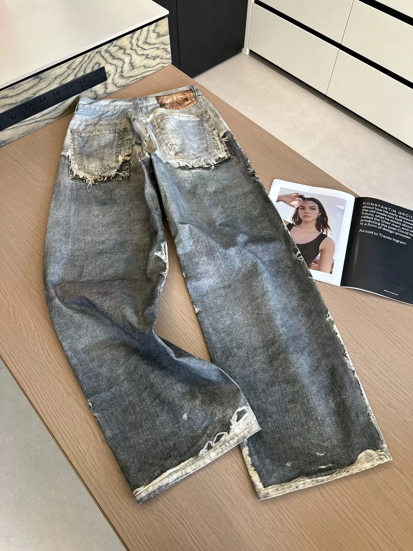 2025 Nuovo Stile Americano High Street Stile RO Pantalones Hombre Lavaggio Pesante Stampa Bordo Grezzo Denim Jeans a Gamba Larga per Uomo