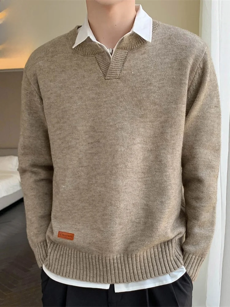 

Мужской зимний утепленный трикотажный джемпер с круглым вырезом, повседневный, свободного кроя, из полиэстера, с цветными вставками