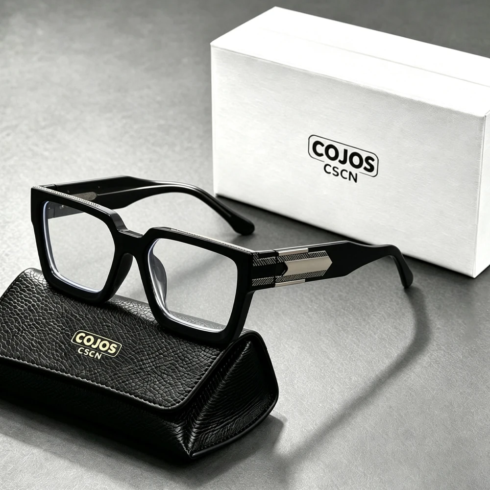Luxuriöse Herren-Brille mit Dicken Quadratischen Gläsern zur Blaulichtfilterung, Acetat-Optikgestell mit Metallverbindungs-Bügeln, Verschreibungspflichtig