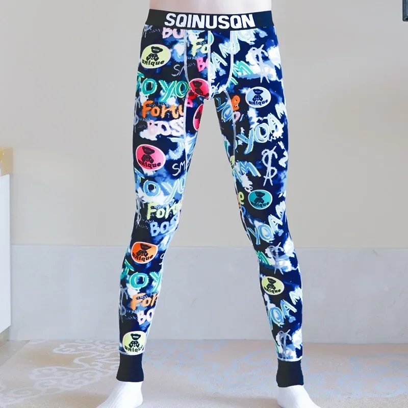 New Men\'s Fall Pants Fashionable Flower Thermal Underwear Cotton Thin Section Slim Camouflage Bottoms Male Clothing Pants