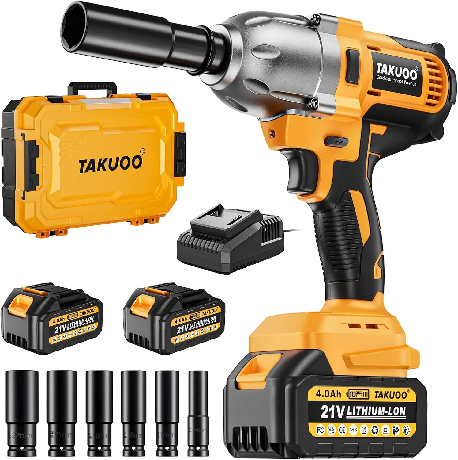 1/2 inch Brushless Impact Wrench, Max Torque (1000N.m) 740Ft-lbs Electric Impact Gun w/2x 4000mAh Battery, Charger & 6 Sockets,