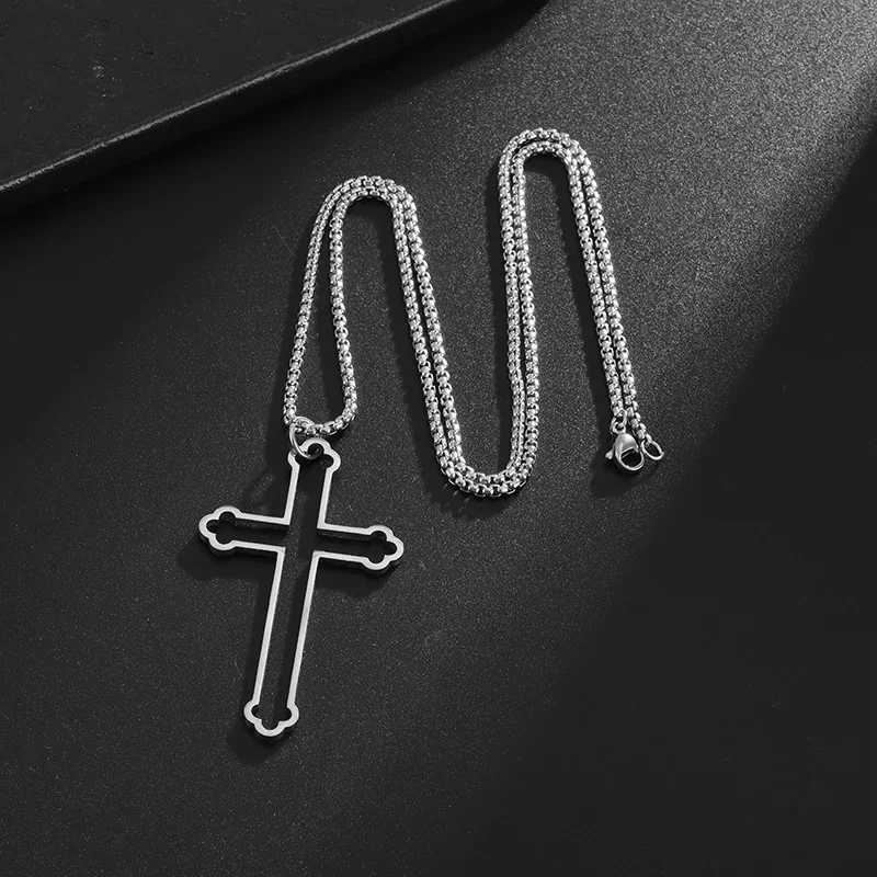 Fashion Niche Creative Hollow Pattern Cross Stainless Steel Pendant Necklace for Men and Women Classic Casual Travel Amulet