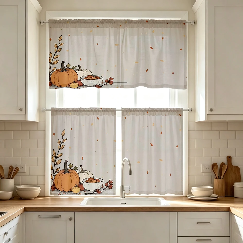 Thanksgiving Fall Kitchen Curtains, Pumpkin Bowl Corner, Digital Print, Kitchen Dining Room, Rod Pocket Polyester, Home Decor