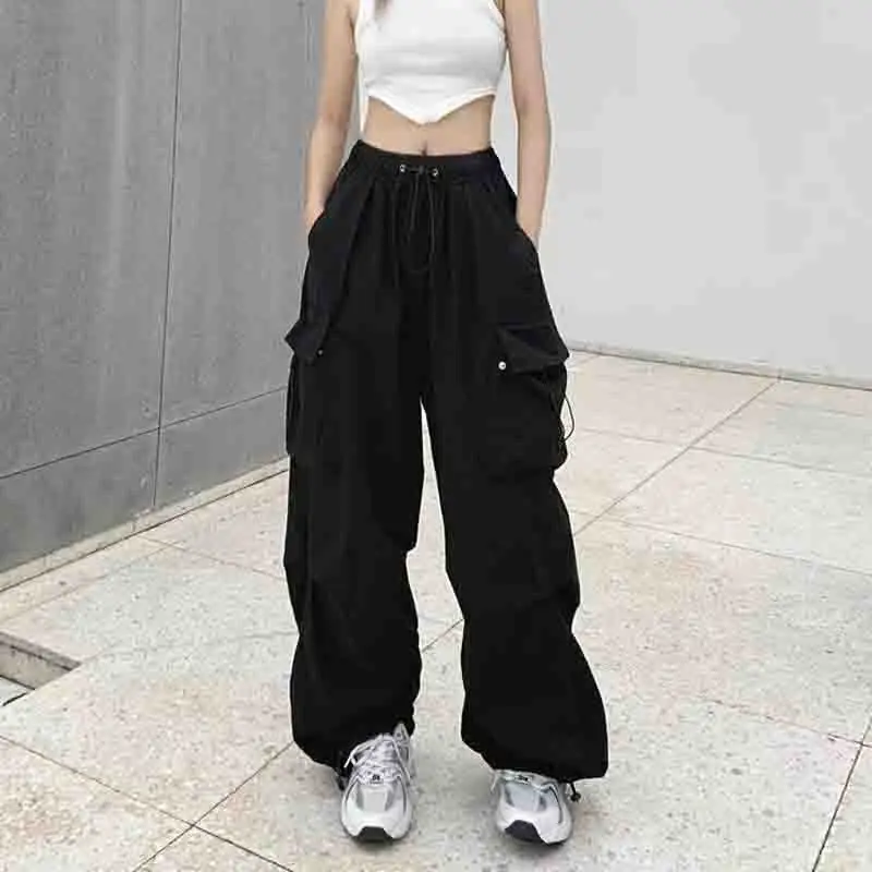 2024 Moda Luźne Spodnie Cargo Kobiety Dorywczo Czarne Proste Spodnie Vintage Szerokie Nogawki Kieszenie Y2k Streetwear Lady Pant 28958