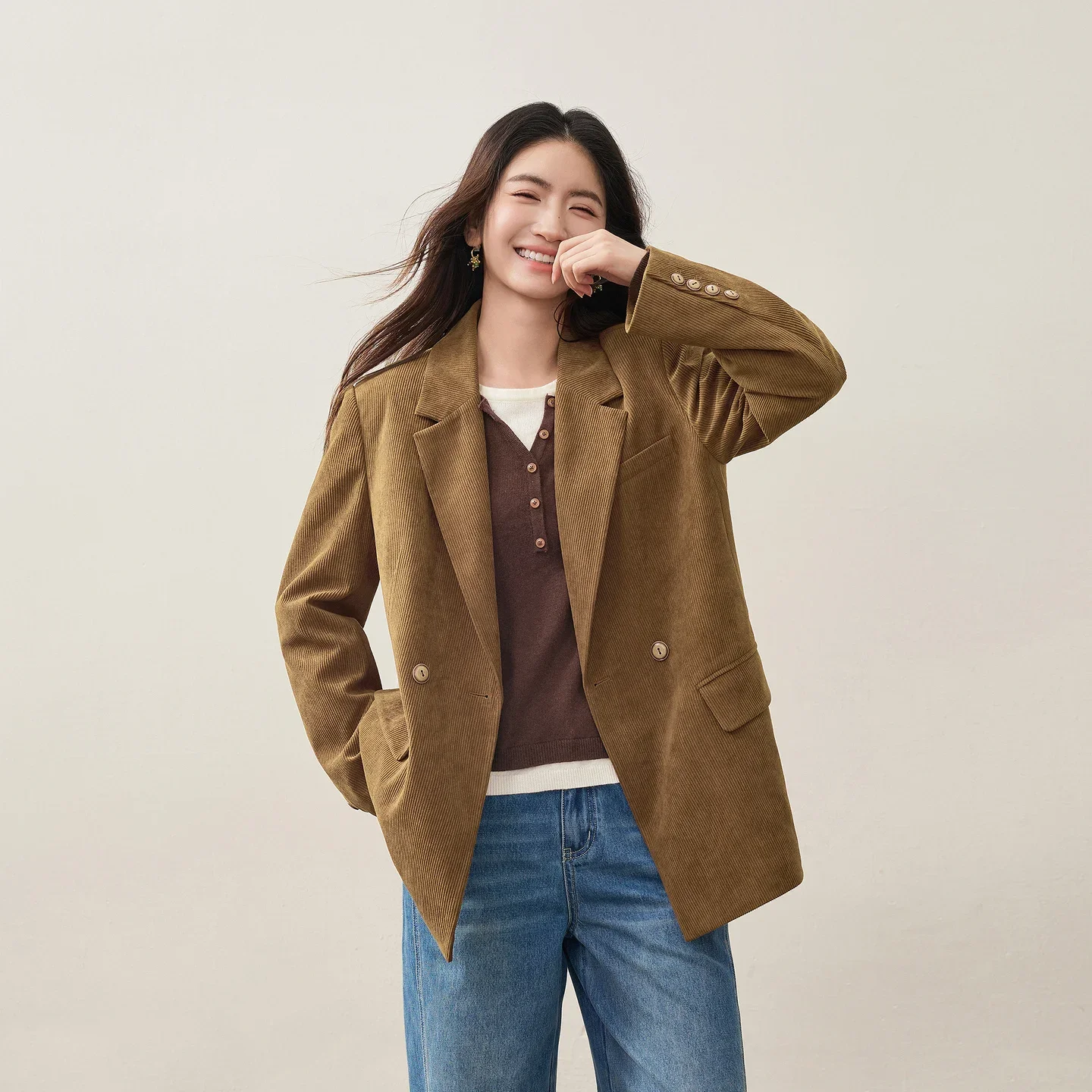 SENTUBILA Women's Corduroy Down Jacket Light Plaid Sleeve Notch Lapel Puffer Coat 2026 Casual Elegant Winter Outerwear W64YA8067