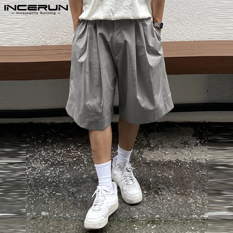 INCERUN Men Shorts Solid Color Button Pockets Loose Casual Men Bottoms Streetwear Summer 2024 Pleated Fashion Male Shorts S-5XL