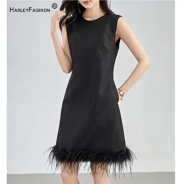 High Quality Hot Drilling Lady O-neck Sleeveless Feathers Hem Solid Mini One-piece Dress For Women