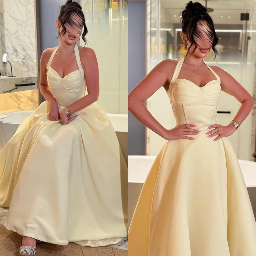 Желтые атласные платья для выпускного вечера в Саудовской Аравии по индивидуальному заказу для женщин, простое вечернее платье с лямкой на шее, классические вечерние платья трапециевидной формы без рукавов