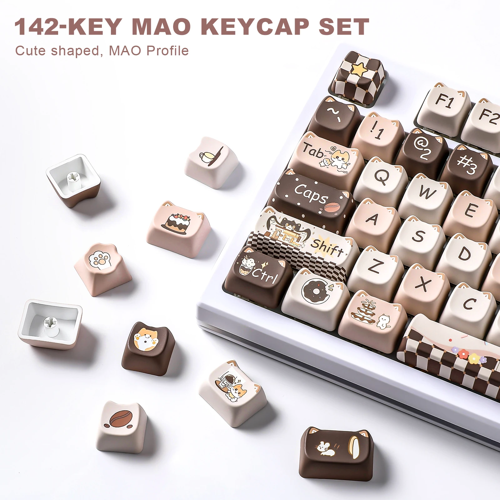 YUNZII Cappuccino MAO Profile Keycap Set, 142 Full Keys Dye Sub Custom Aesthetic Keycaps for MX Switches Mechanical Keyboards