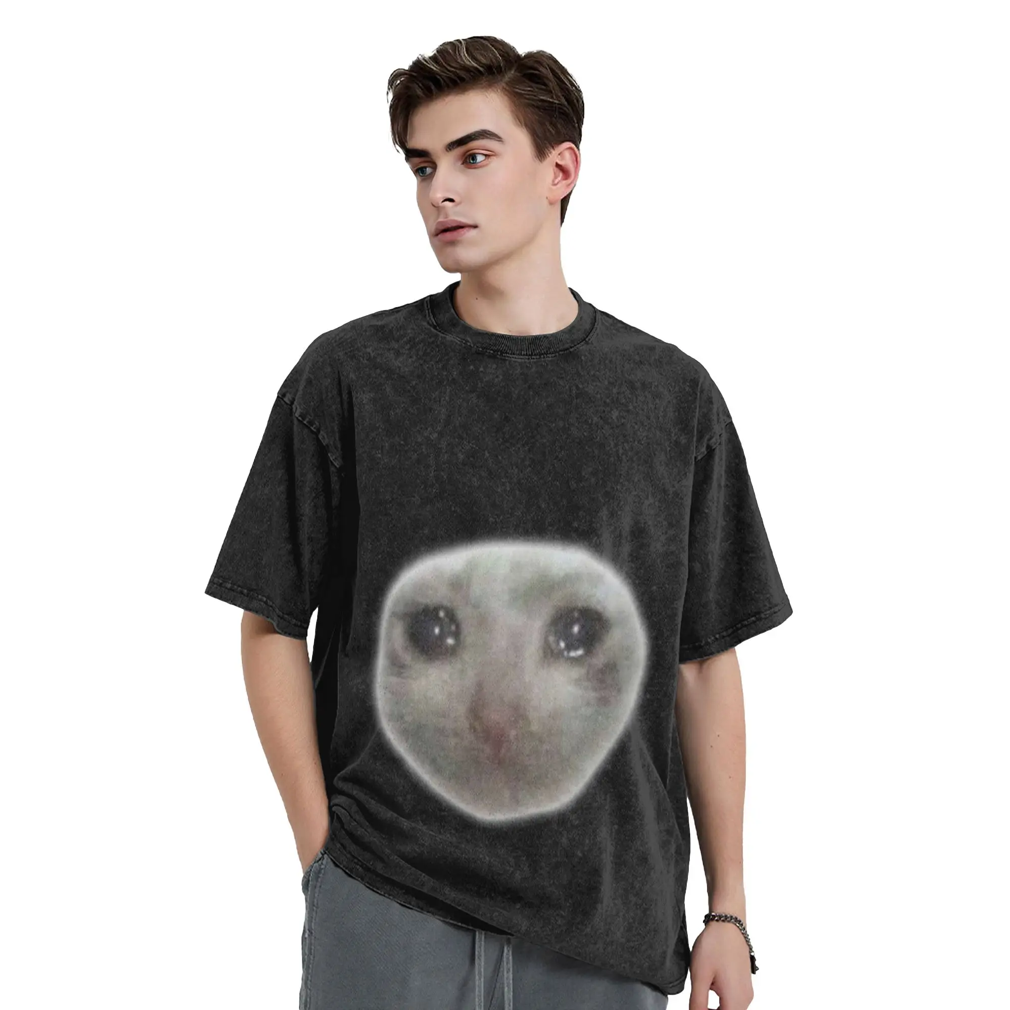 crying teary eyed sad cat meme Classic Cool A T-Shirt Oversized Short Sleeve Men's Women's Cotton Tees Tops