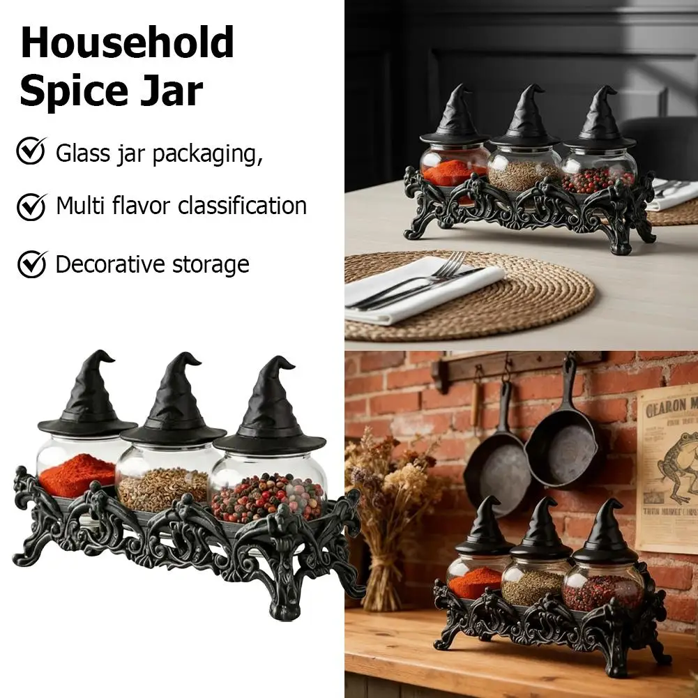 Handcrafted Witchy Hat Apothecary Spice Jars Clear Seasoning Jars 3pcs Frog Spice Jar Set Spice Containers For Salt Pepper
