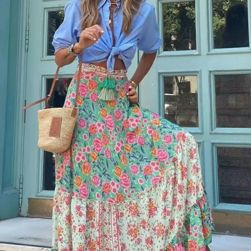 Women Elegant High Waist Beach Party Skirts 2023 Spring Summer Casual Loose Maxi Skirt Vintage Patterned Print Boho Long Skirts