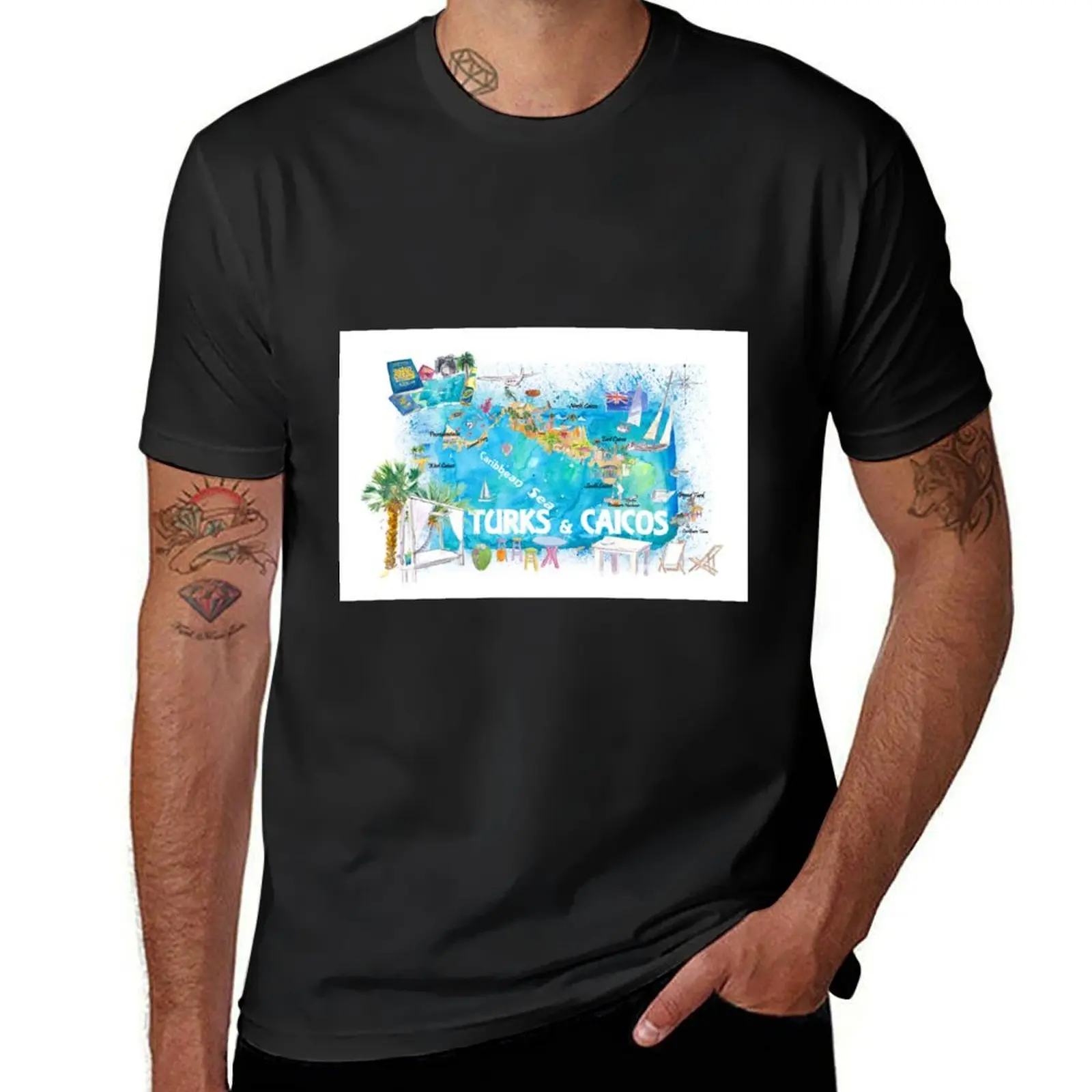 

Turks & Caicos Antilles Illustrated Travel Map with Roads and Highlights T-Shirt customs plus sizes tees black t shirts for men