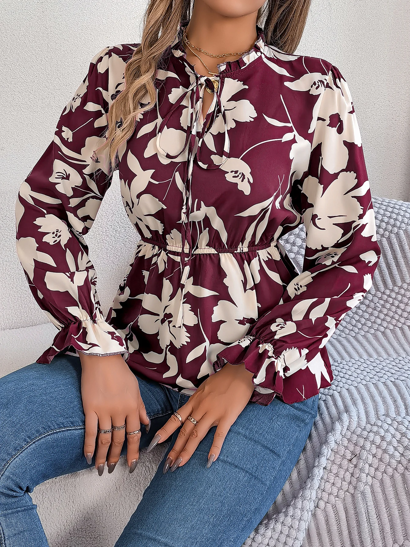 

Spring Summer Lace up Chiffon Shirt 2025 Casual Flare Long Sleeve Floral Print Tops for Women