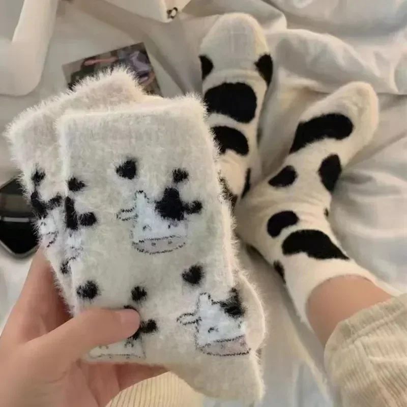 Sweet Cow Spot Mink Velvet Socks Imitation Winter Plush Warm Home Sleeping Socks Japanese Cartoon Furry Tube Socks