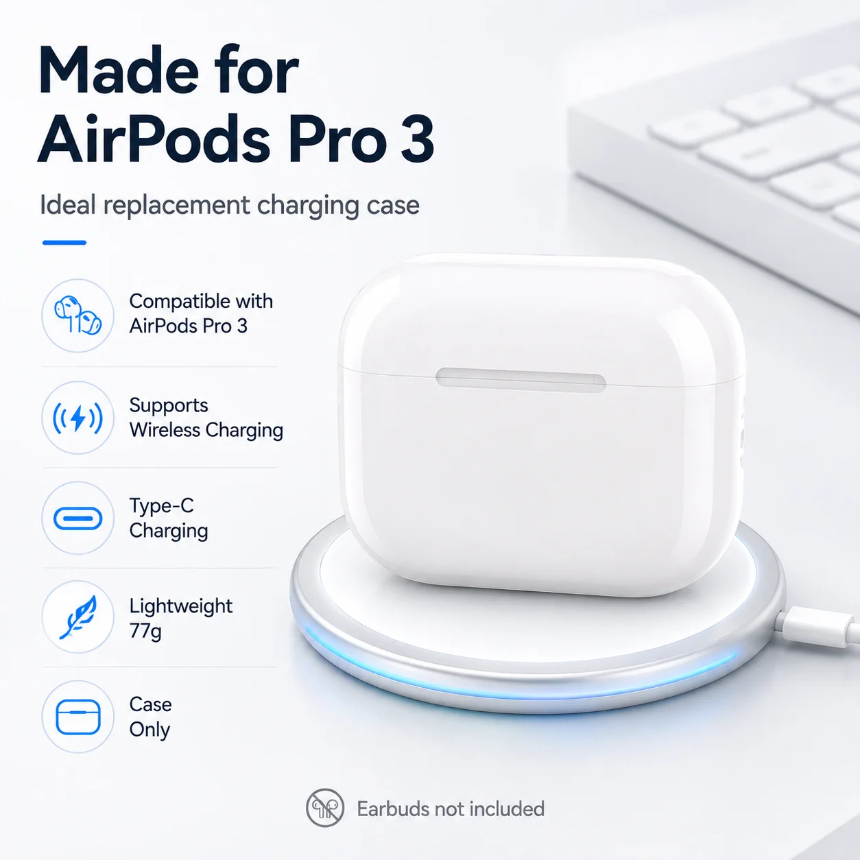 Charger Case Replacement For Airpods Pro 3 Wireless Earbuds Charging Case Wired & Wireless Charging Case 450mAh Large Capacity