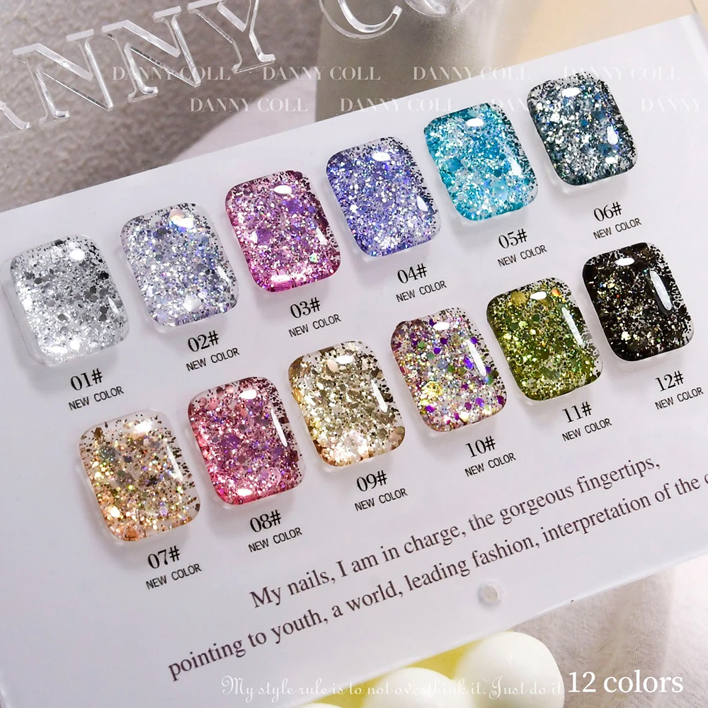 12pcs Glitter Sequin Gel Nail Polish With Sample Flash UV LED Soak Off Gel Nail Art Gel Varnish Magnetic UV Soak Off Gel Lacquer