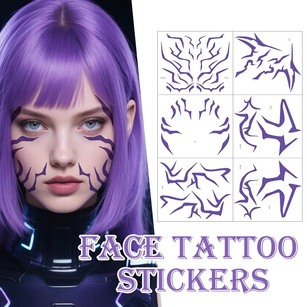 

6 Sheets Temporary Tattoos, Purple Lightning Bold Makeup for Cosplay Role Play, Waterproof Face Art Stickers