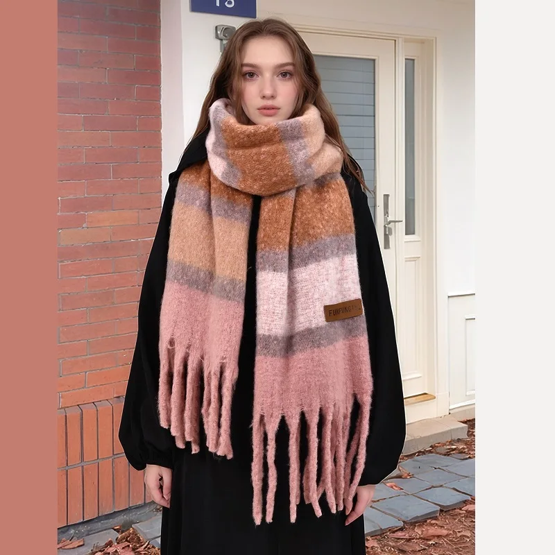 2024 Newest Cashmere Scarf Shawl Tassel Pashmina Scarf Stripe Woman Winter Scarf Thick Warm Vintage Stoles Muffler Head Scarf