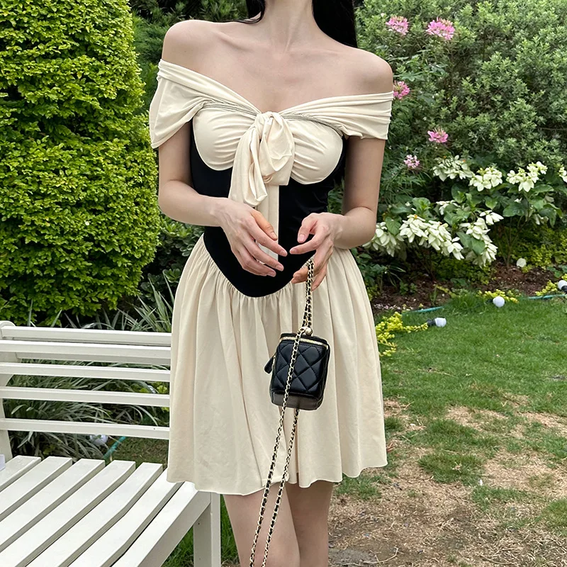 Fantastic Personality Color Contrast Off Shoulder Evening Gown Pleated Bow Waist Tied Party Dress Waist Tied A-line Short Prom