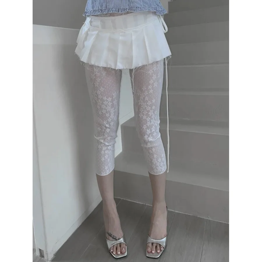 

Ретро-брюки в японском стиле с вышивкой звездами и кружевом, эластичные, укороченные (7/9 длины), повседневные, из полиэфирного волокна