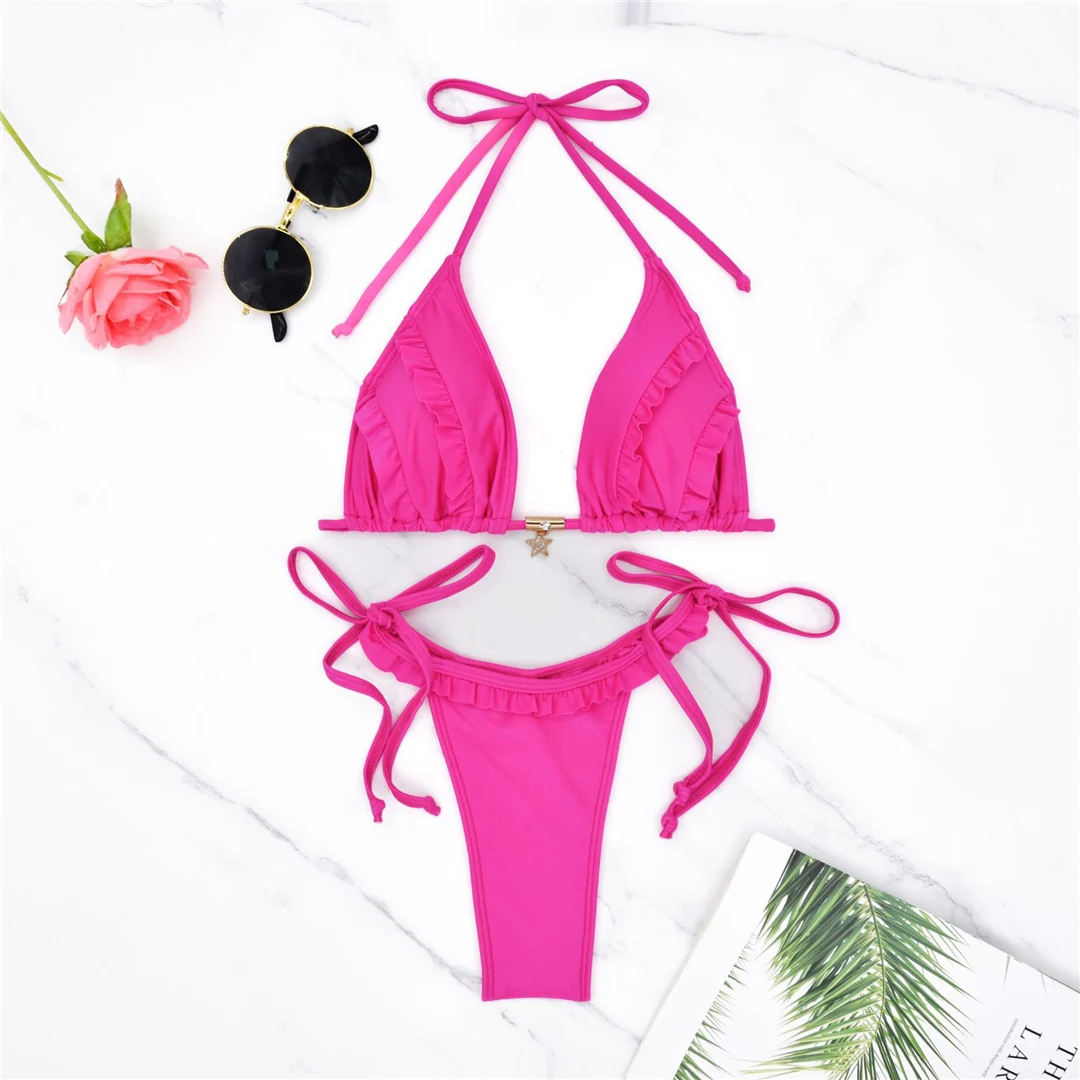 S - XL Neckholder-Bikini mit Rüschen und Raffungen, zweiteiliger Bikini-Set für Damen, Badeanzug, Badebekleidung, Badehose, Modell V6143 – Detail 6