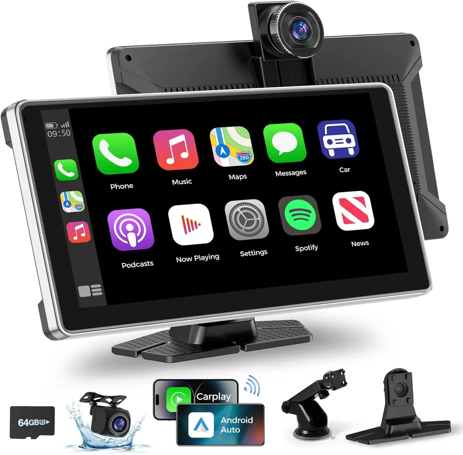 

Wireless Carplay with 4K Dash Cam, 9" Portable Carplay Screen for Car, Apple Carplay & Android Auto Car Satellite Radio with 108