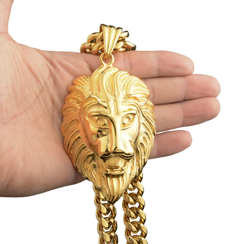 Hip Hop Bling Gold Color Stainless Steel Big Lion Pendants Necklace for Men Rapper Jewelry come with 14mm wide cuban chain