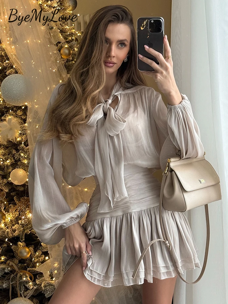 

Byemylove Elegant Chiffon Ruffle Skirt Set with Bow Tie Belt Lantern Sleeves & High Waist Pleated Skirt Women‘s Romantic & Party