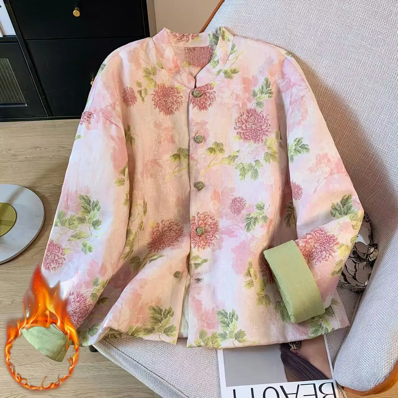 

Warmth And Sle: Chinese National Sle Stand Collar Cotton Jaet Linen Print Thiened Cotton Coat for Women Commute Wear