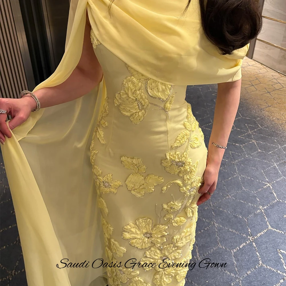 فستان سهرة شيفون أنيق رسمي مخصص برقبة دائرية بدون أكمام للحفلات الراقصة مع شال دقيق ثلاثي الأبعاد زهور حورية البحر رداء حفلات