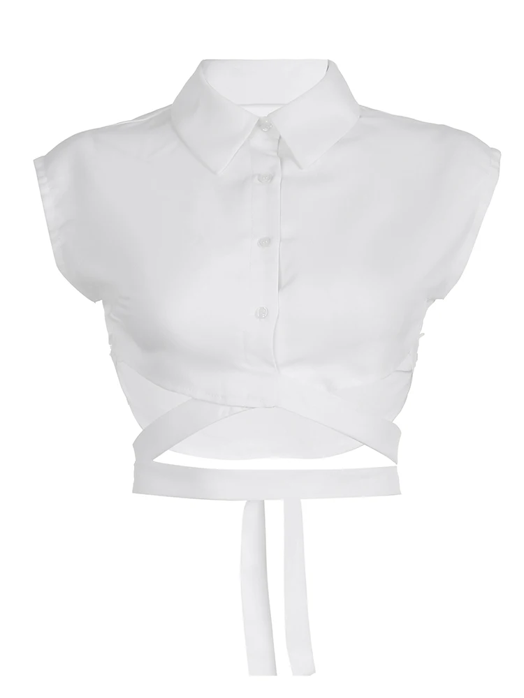 Sweetown White Solid Turn Down Collar Cross Bandage Cropped Shirts For Women Sleeveless Button Up Simple Sexy Vacation Tops