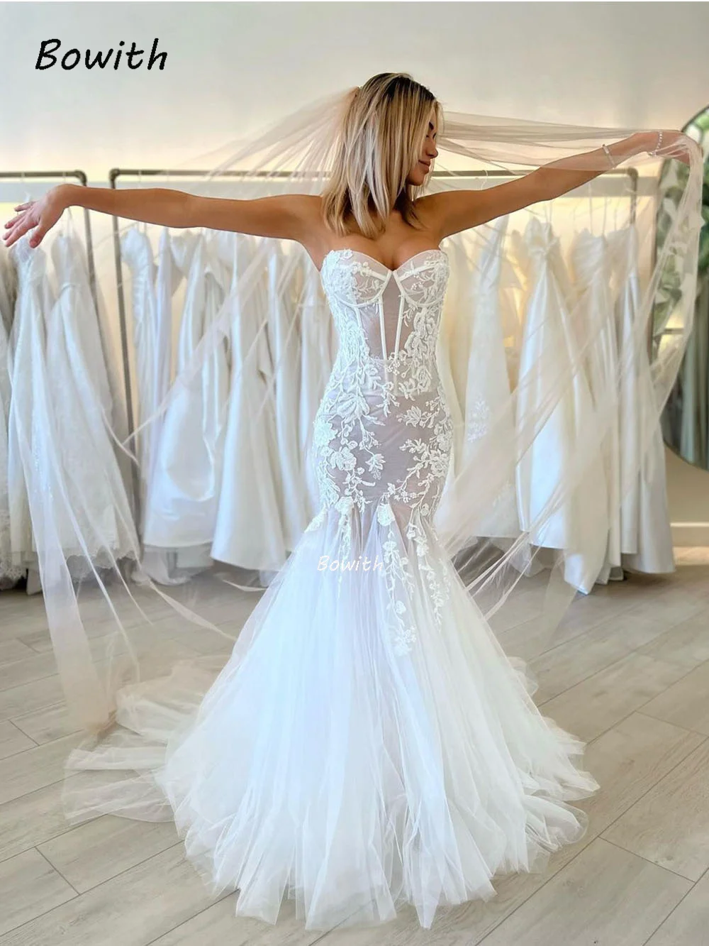 Bowith Sweetheart Wedding Dresses for Women Mermaid Wedding Gown with Applique Tulle Beach Wedding Dress traje blanco novia