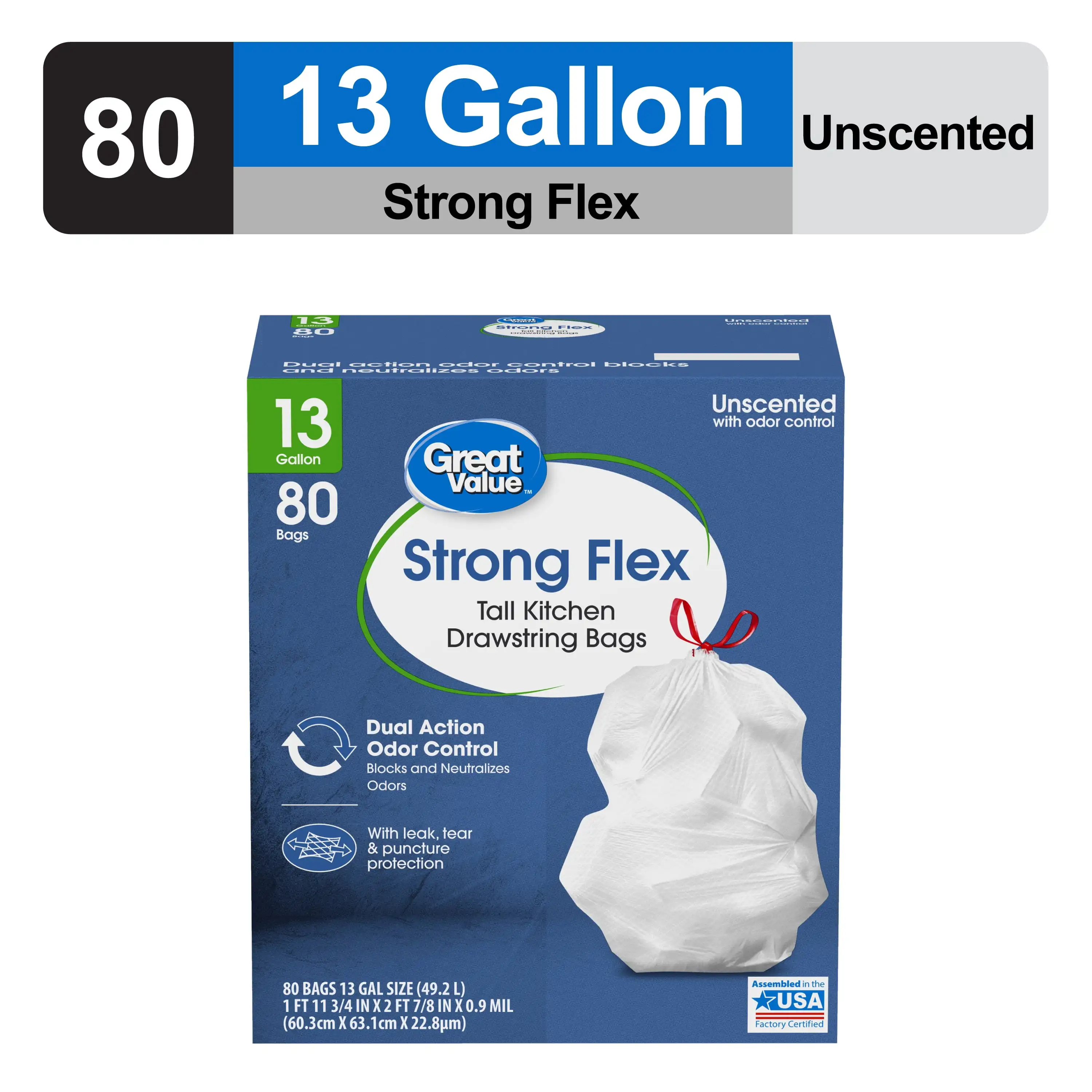 Strong Flex Tall Kitchen Drawstring Bags, Unscented, 13 Gallon, 80 Count Unscented bags provide dual action odor control