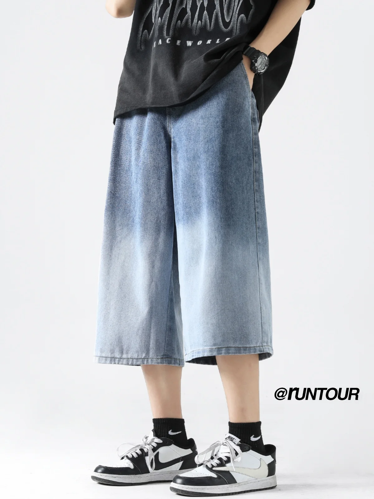 

Summer Thin Cotton Jeans Men's Loose Straight Leg Seven-Foot Pants Wide Leg Short Shorts High Street American Style Water Wash