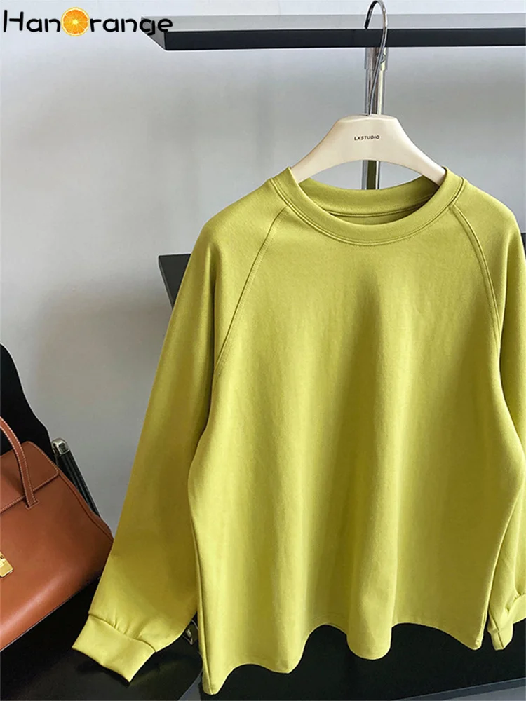 HanOrange 2024 Solid Color O-neck Long Sleeve Sweatshirt Women Thin Autumn Lazy Loose Bottoming Top Avocado Green/White/Grey