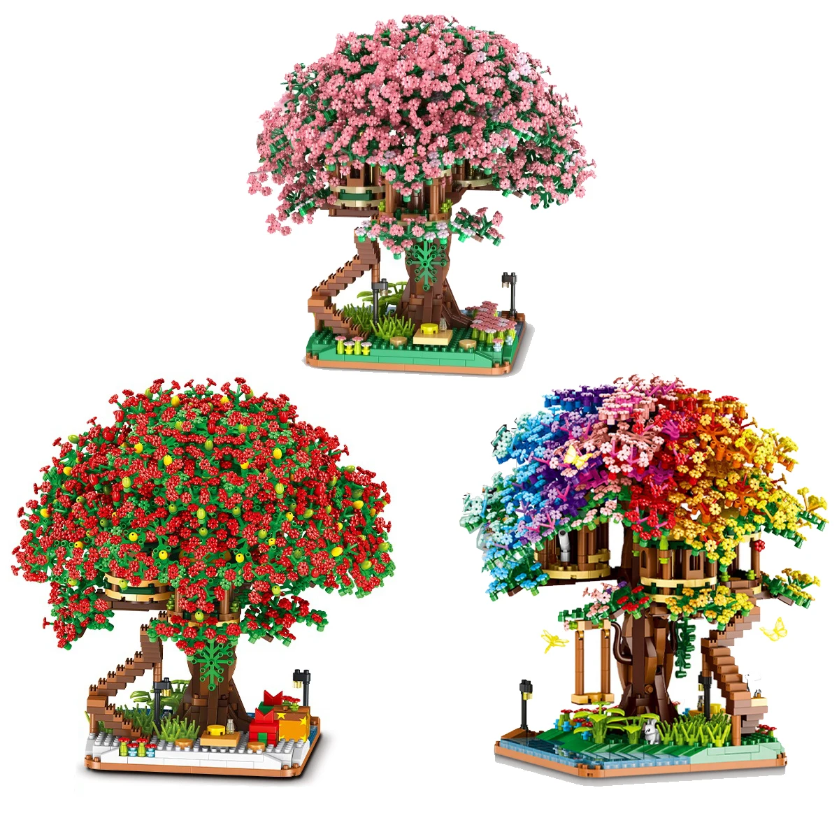 Bloques de Construcción Casa en el Árbol, Arcoíris, Sakura, Navidad, Flor de Cerezo Roja, Modelo 3D, Mini Ladrillos, Figuras de Juguete para Decoración del Hogar