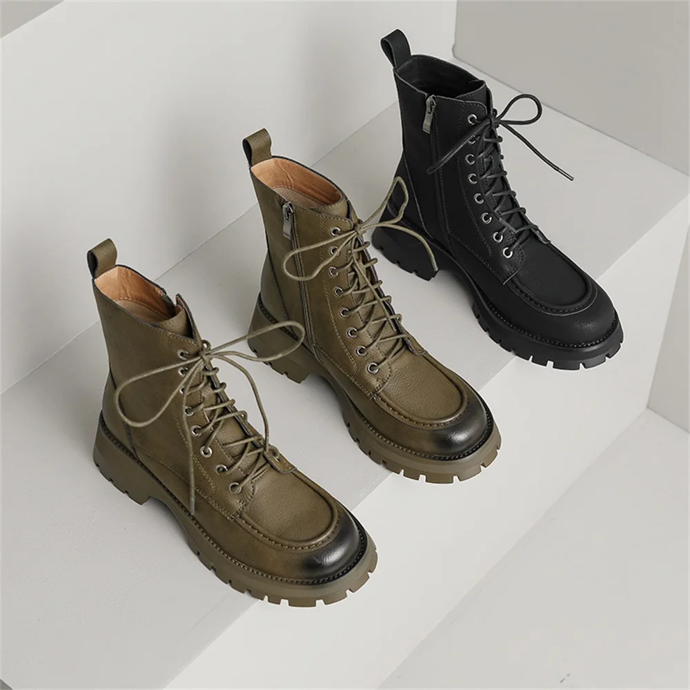 Taoffen Genuine Leather Women Chunky Motorcycle Boots 2023 Chic Thick Bottom Platform Olive-green Lace Up Boots With Zipper