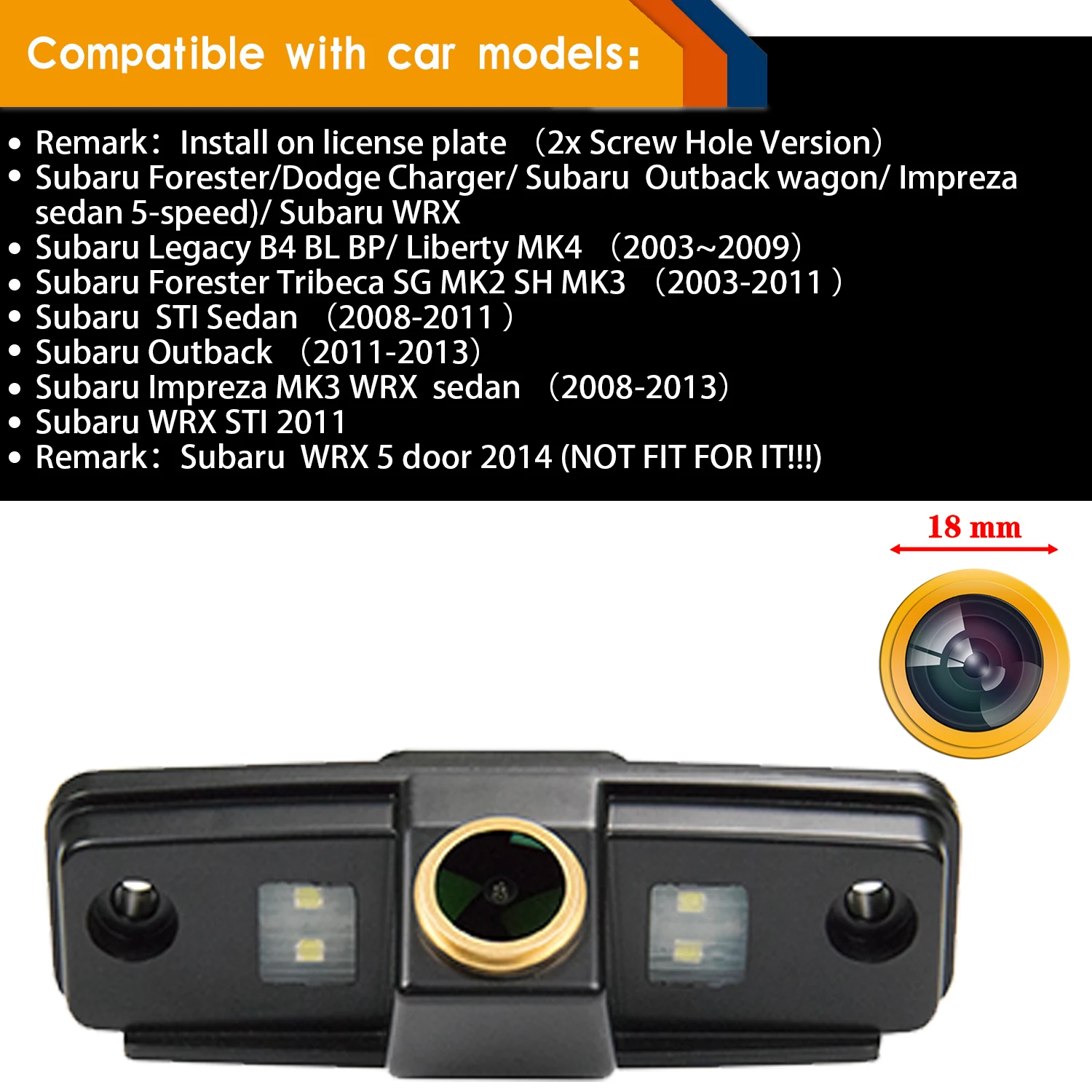 HD 1280*720p Reversing Backup Night Vision Waterproof Camera for Subaru Forester/Dodge Charger/ Outback wagon Impreza sedan WRX