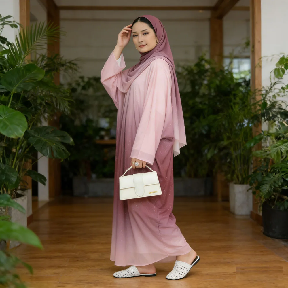 

Ramadan Eid Gradient Color Dubai Abaya Hijab Open Kimono for Women Morocco Kaftan Muslim Robe Party Dresses Jalabiya Vestidos