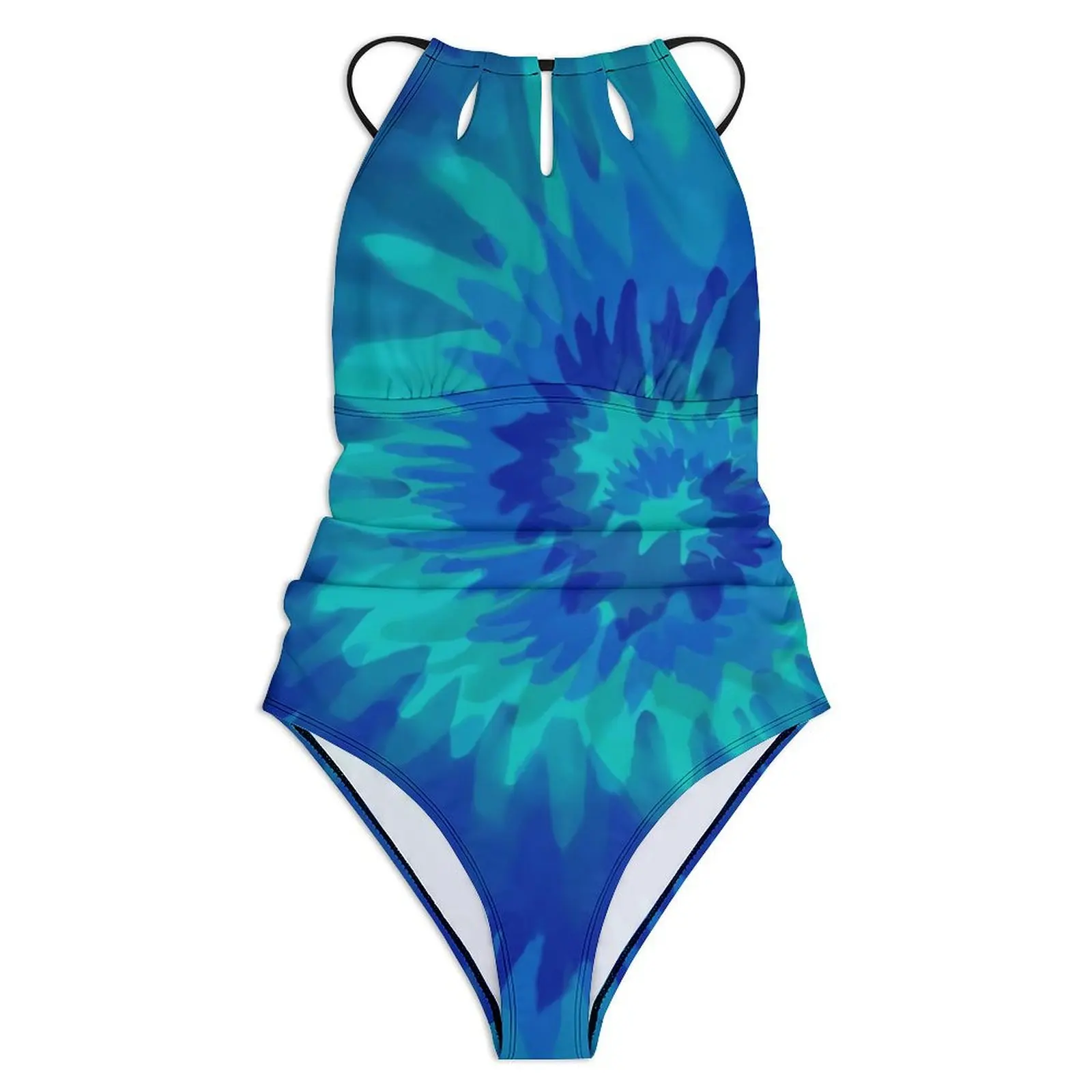 Blue Vibrant Tie Dye Swimsuit Retro Swirl Print One Piece Swimwear Push Up Modern Monokini Sexy Beach Custom DIY Bodysuit