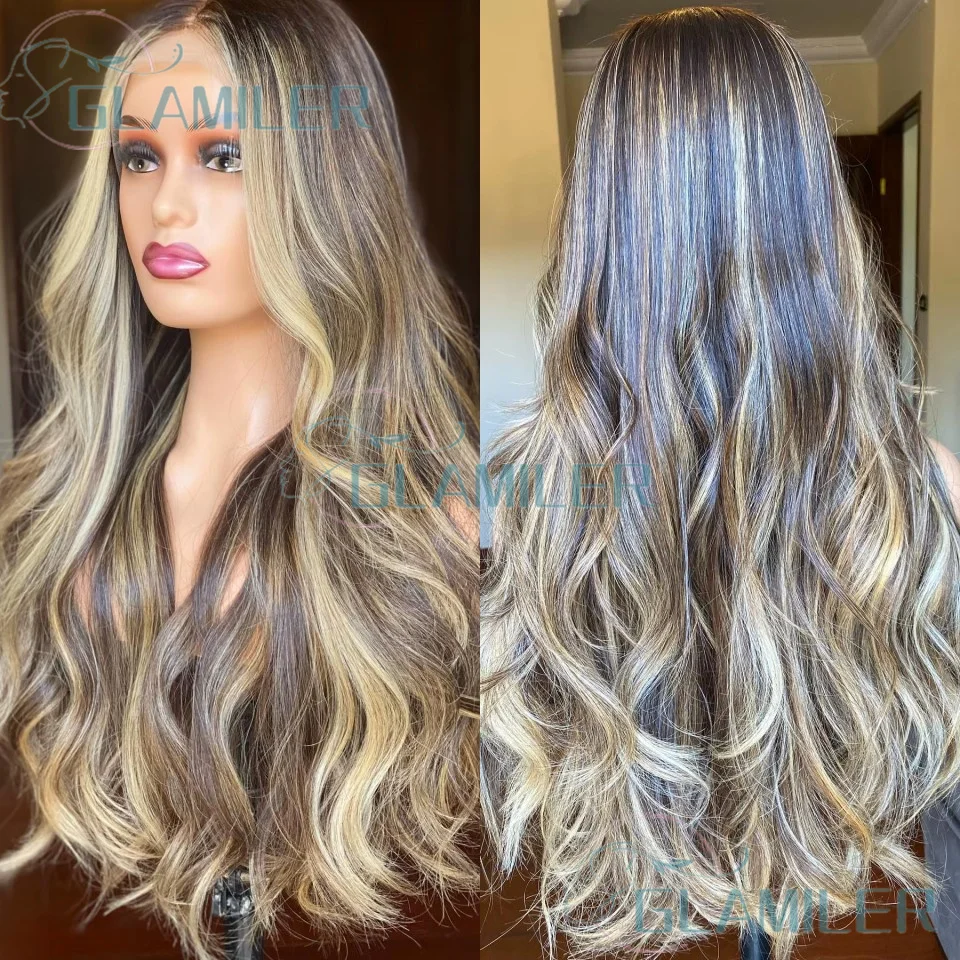 

Длинные волнистые шелковые верхние волосы, человеческие волосы, коричневый блондин, мелирование балаяж, коричневый блондин # 4/27 Предварительно сорванный парик шнурка 13x4/360