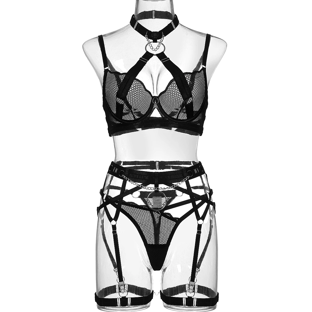 MUZISKAT Curvy Women Lingerie Luxury Brand Erotic Mesh Transparent Bra 3 Piece Lingerie Set with Garter Sexy Porn Suits