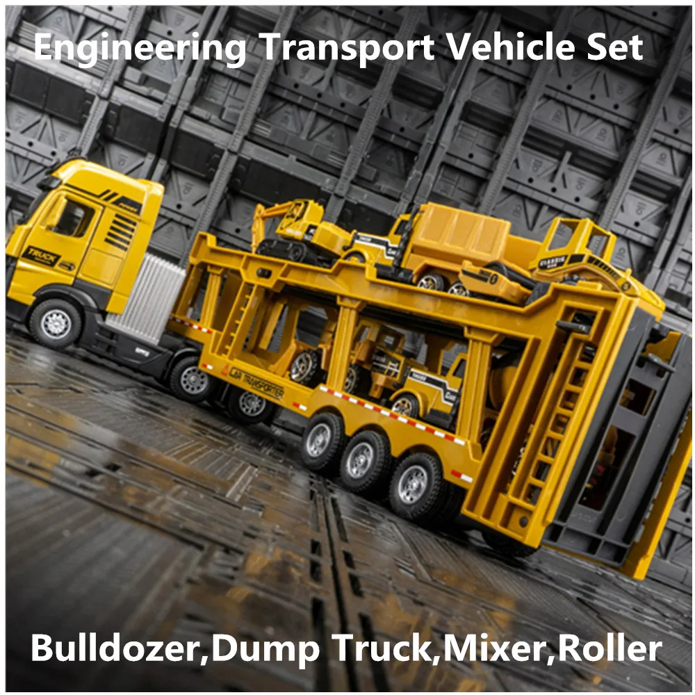 Non Remote-Controlled Transportation Toys Simulated Double Decker Flatbed Trailer Engineering Vehicle Set Model Excavator Mixer