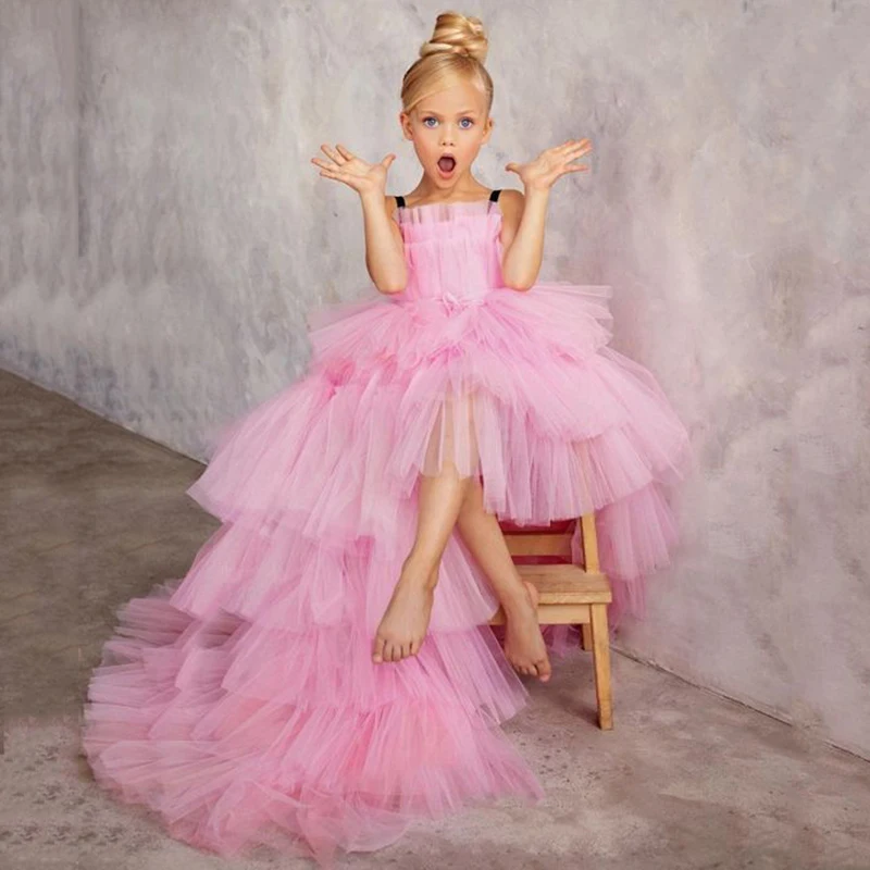 Tired Skirt High Low Girl's Party Dresses Pink Flower Girl Dress Short Front Long Back Pageant Prom Gowns