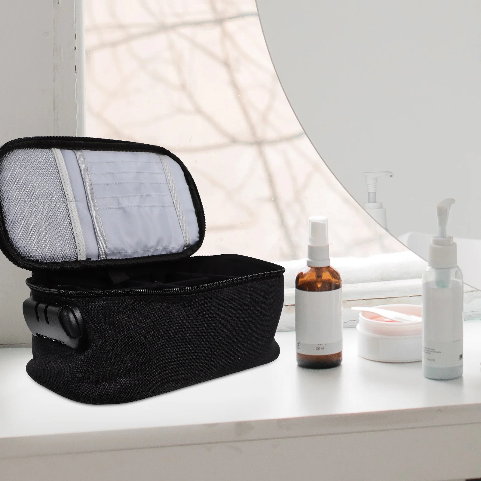 

Travel Bag Large Portable Makeup Organizer Zipper Code Lock Multi Compartment Toiletry Storage For Women Girls Trip