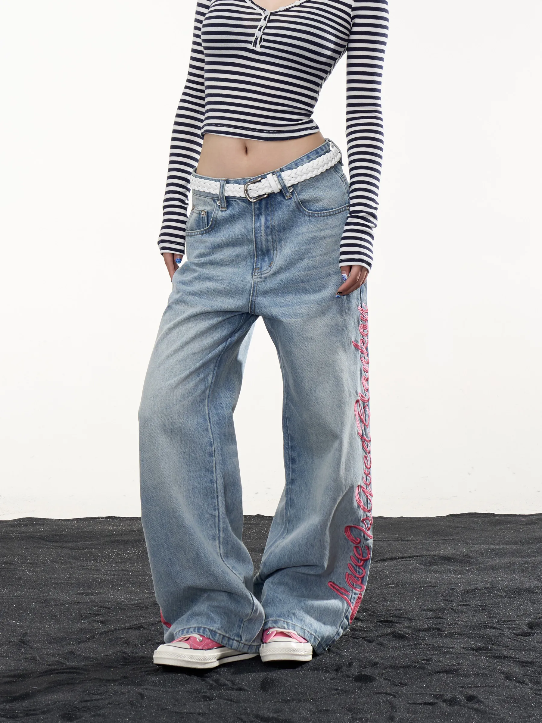 Washed Denim Jeans Women's Loose Straight Wide Leg Floor-Length Trousers American Retro Embroidery Street Style Trendy
