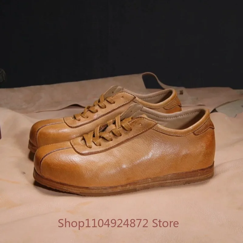 High End Genuine Leather Casual Oxfords Men's Washed Sneakers Retro Lace‑up Flats Walking Outdoor Leather Shoes Male