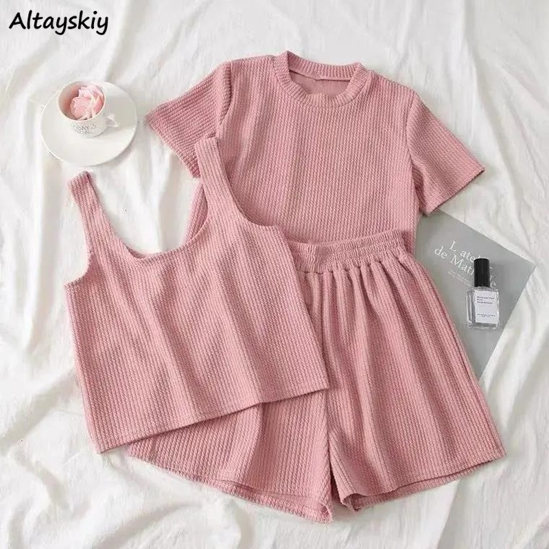  3 Piece Sets Women Pocket Casual Tank T-shirt Shorts Sporty Summer Slim Fashion Simple High Elastic Daily Basic Hot Korean Style 